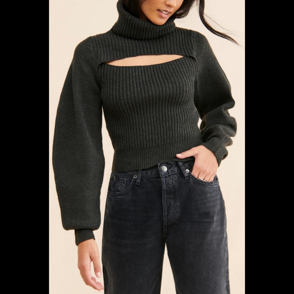 Free People Ariel Turtleneck Pullover Ribbed Gray‎ Women's